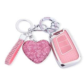 Meruns Compatible with VW Volkswagen key fob cover with Diamond Bling Keychain, Car Accessories Key Shell for Atlas Tiguan Passat Jetta GLI Taos Arteon, Silver Pink