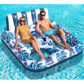 Sinbyuer 2 Person Inflatable Pool Floats Adult, 66x62 Inch Pool Lounger Float with Cup Holders & Backrest, 0.4mm Thickened Pools Float Recliner Rafts, Floating Chair Water Floaties for Adults