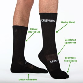 Creepers Blister Busting Merino Wool Toe Socks, Crew Length Hiking & Trails, Unisex for Men & Women from Socks | Small
