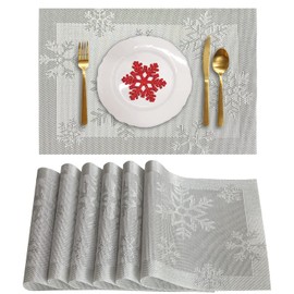 RIMOBUL Christmas Placemats Set of 6 Woven Vinyl Non-Slip Placemats Washable Table Mats Anti-Skid Placemats for Kitchen Table (Snow Silver)