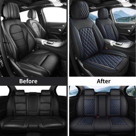crossmiles Car Leather Seat Cover，Protector Seat Waterproof Automotive Seat Covers Full Sets Super Breathable Universal Fit Cover for Most Car Fount and Back，（Black Bule-Diamond，5pcs）