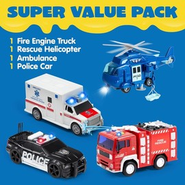 Joiedomi 4 Packs Emergency Vehicle Toys with Light and Sound, Including Fire Truck, Ambulance Toy, Play Police Car and Toy Helicopter For Christmas New Year Gifts Springtok