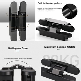 LAGALO 2 Pack Black Invisible Heavy Duty Cross Door Hinge Zinc Alloy Concealed Cross Hinge 180 Degree Swing Hinge 3 Way Adjustable Butt Hinge Load Bearing 80KG for Cabinet, Cupboard,Wooden Box.