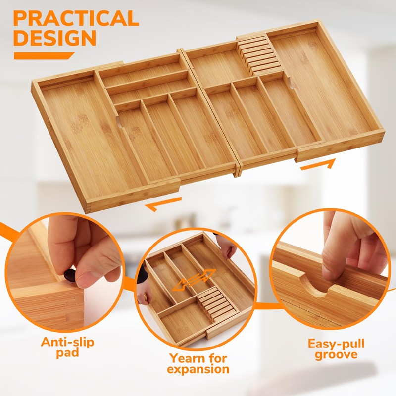 BAMEOS Expandable Silverware Drawer Organizer with Removable Knife Blocks, Bamboo