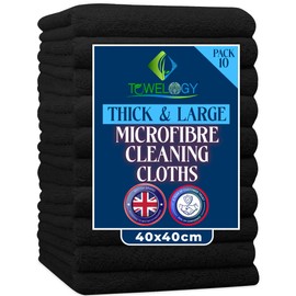 Towelogy® Heavy Duty Microfibre Cleaning Cloths for Home All Purpose - Larger, Thicker, More Absorbent Cleaning Cloth - 100% Lint Free Micro Fibre Cloths for Kitchen, Bathroom and Car (Jet Black)