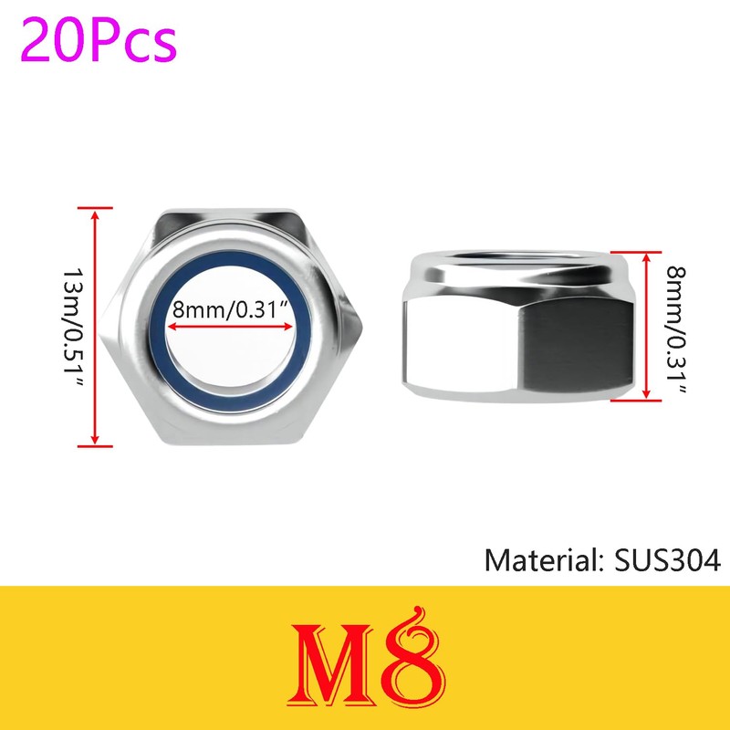 Ctyjia Pack of 20 304 Stainless Steel M8 Hex Nuts,