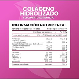 Colágeno Hidrolizado Fórmula Premium 180 Tabletas Sin Azúcar, Sin Grasas, Sin Sodio, incluye Biotina, Calcio, Magnesio, Vitamina C, E y K. Suplemento 