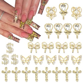 YAEISM Gold Nail Charms 30PCS Gold Cross Nail Charms Sparkly Butterfly Charms Alloy Dollar Sign Nail Charm Crystal Heart Pendant Nail Charm for Women Nail Art Decoration