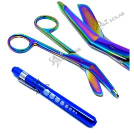 Heavy Duty Reusable Penlight + Multi Rainbow Color Nurse Doctor Medical Lister Bandage Scissors Shears (A2ZSCILAB) (Blue + Bandage Scissors 4.5")