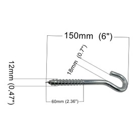 LLB Screw Hooks Pack of 3pcs 6 inch Heavy Duty Screw-in Big Large Screw in Hooks Plain Ceiling Cup Eye The Largest Size: 12mm x 150mm