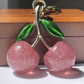 MPK Glitter Cherry Bag Charm with Key Ring and Car Cherry Accessories keychian – Sparkling Resin & Metal Accessory for Purses and Bags