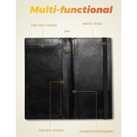 Yarnic Checkbook Cover for Personal Checkbook, Checkbook Holder with Pen Holder & Built-in Clear Plastic Divider for Duplicate Checks (Black & Gold)