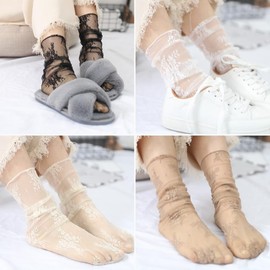 XUNQUCOM 4 Pairs Women Sheer Slouch Socks - Lace Tulle Socks Mesh Socks - Slouch Socks - Transparent Elegant Loose Socks Ankle High