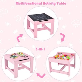 Fireflowery Kids Table and Chair Set, 3-in-1 Wooden Activity Table w/Storage Drawer & Detachable Blackboard, 3-Piece Square Children Art Desk, Toddler Table and Chairs for Reading (Pink)
