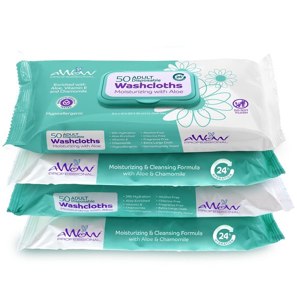 AWOW Wipes for Adults - 200 Large Body Wipes for Adults Bathing, Adult Wipes for Incontinence, Bath Wipes for Adults No Rinse Men, Unscented (4 Adult Pack of 50 Bath Wipes for Adults No Rinse)
