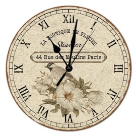 Vintage Style Round Wood Wall Clock French Vintage Flower Roman Numerals Wooden Clock Battery Operated Silent Non-Ticking Large Clocks for Cottage Living Room Bedroom Walls 10x10in Decor