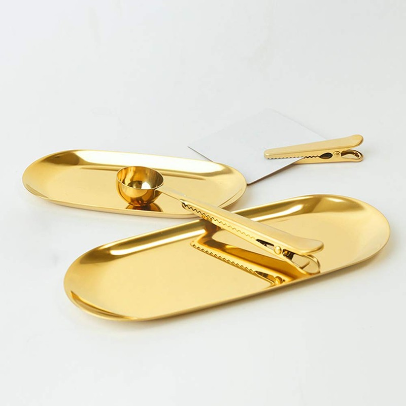 Set of 2pcs Gold Oval Tray Stainless Steel Cosmetics Jewelry