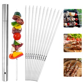 GIRAFEDA Pack of 24 Stainless Steel Barbecue Skewers Flat Kebab Skewers Reusable Metal Skewers Long BBQ Kebab with Storage Tube for Meat Shrimp Chicken Vegetable Kebab (35 cm)