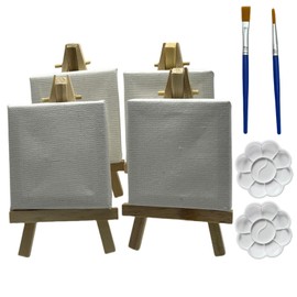 Mini Painting Small Art Stretched Canvases Panels Pack with Wood Display Easel for Students, Adults, Kids Painting,Oil Acrylic Paints,(4 Pack,3 x 3 Inch), Natural Wood Display Easel Kit