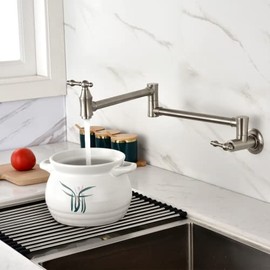 Pot Filler Faucet Brushed Nickel, Wall Mounted Solid Brass Pot Filler Folding Sink Faucet with Double Joint Swing Arm and Single Hole 2 Handles