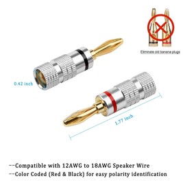 yimeizhiguang 4mm Banana Plugs Gold Plated 4Pcs - Dual Screw Lock Speaker Connectors for Amplifier, HiFi & AV Receiver, Secure Connection & Easy Install, Universal Fit for Enhanced Audio Performance