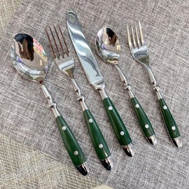GULSARAYI Green Flatware Set Silverware Set for 1 Cutlery Set 5-PCS Durable 18/10 Stainless Steel Flatware Sets Utensil Sets Flatware Wedding Mirror Effect Tableware Forks Spoons And Knives Set