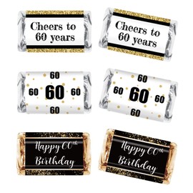 Black and Gold 60th Birthday Party Mini Candy Bar Wrapper Stickers - 60th Birthday Party Favors-60th Birthday Stickers- Pack of 54 Stickers