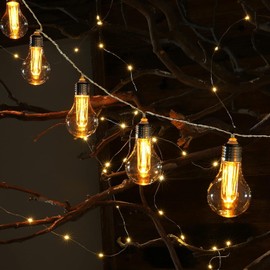 Battery Operated Edison Lights Outdoor String with Timer, 6.56 Ft String of 10 A19 Edison Bulbs, Short Battery Powered Waterproof Plastic String Lights for Hanging Patio Garden (White Cord)