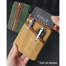 SAYRAM SP9 Pocket Organizer, Waxed Canvas EDC Pouch, Zipper Pocket Organizer Pouch for Men, Slim EDC Organizer for Coins, Notebook, Multitool, Tactical Pen (Tan)