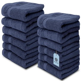 White Classic Cotton Washcloths - 13x13 Hotel Face Towel - Navy Blue 12/Pack