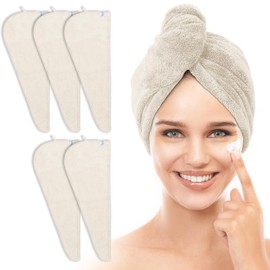 TENSTARS 5 Pack Thicken Microfiber Hair Towel Wrap for Women - Elastic Loop Design - 320GSM Coral Velvet - Quick Dry Hair Turban - 11x28 Inch (Cream)