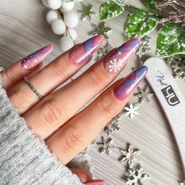 Christmas Press on Nails Almond Winter Snowflake Acrylic Nails Colorful Starry Sky Design False Nails French Tip Fake Nails Full Cover Glossy Artificial Coffin Nails Glue on Nails for Women 24Pcs