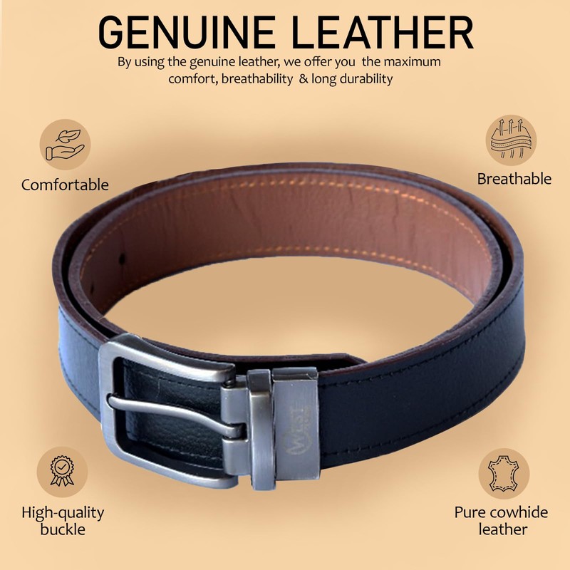 West clever Genuine Cowhide Leather Reversible Belt for Men 35mm