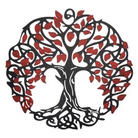 PATIKIL Metal Tree Wall Decor, Tree of Life Wall Sculpture Ornament Hanging Wall Decoration for Home Indoor Outdoor, Red Black
