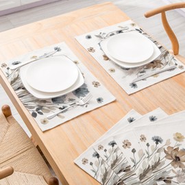 ZCHOMI Watercolor Wildflower Placemats Set of 4, 12x18 Inch Boho Neutral Floral Rustic Farmhouse Spring Summer Table Place Mats for Kitchen Dining Home Party Decor
