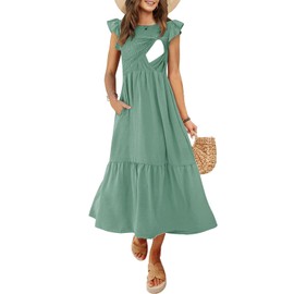 CzzzyL Women Nursing Dresses for Breastfeeding Summer Smocked Midi Dress Maternity Baby Shower with Pockets Flutter Short Sleeve(Sage Green,Large)