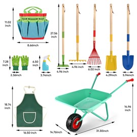 GOLDGE 10pcs Kids Gardening Tool Set - Wheelbarrow Outdoor Toy with Shovel, Rake, Pretend Weed Digging Tools, Backyard Play for Toddlers, Boys, Girls. Ideal Birthday or Valentine's Gift for Ages 3-5