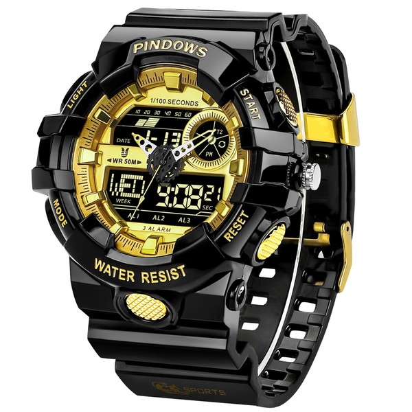 PINDOWS Men's Watch, Transparent Gold Analog Digital Dual Time 50M