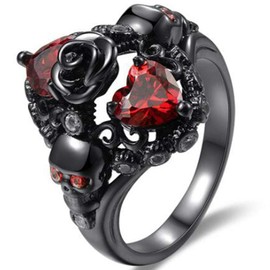 Black Gold Plated Skull Gothic Death Rose Wedding Statement Cocktail Party Biker Ring, Metal, Cubic Zirconia