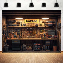 7 x 5 ft Garage Backdrop Vintage Tool Shed Workshop Tools Cabinet Background Repair Shop Wrench Plier Toolbox Dad's Garage Kids Boys Birthday Party Decoration Photo Booth Studio Props