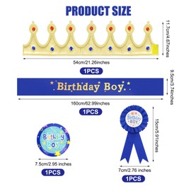 Pack of 4 Blue Birthday Girl Sash Badge Set, Straps for Birthday Parties, Satin Badge, Crown Birthday Boy Set for Boys Birthday Party, Cosplay Party, Stage Shows