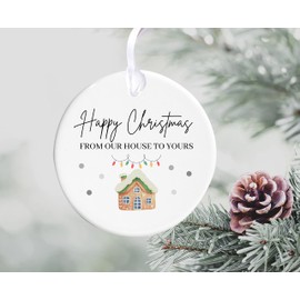 Happy Christmas From Our House To Yours Ceramic Christmas Tree Bauble Ornament (Gingerbread Style House)