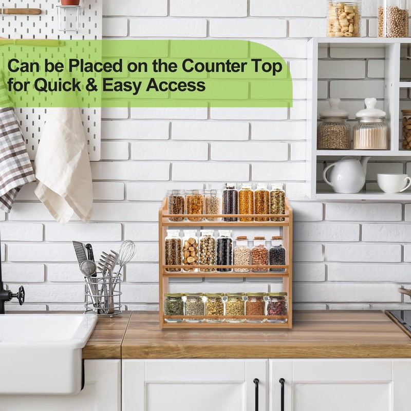 3 Tier Bamboo Spice Rack, Seasoning Jars Rack Shelf Spice
