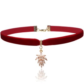 iuviwey Claret Red Velvet Leaf Pendant Choker Necklace with Gemstones Adjustable Unique Leaf Collar Jewelry for Women (Red03w)