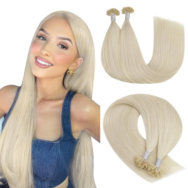 YoungSee Real Hair Bonding Extensions, Blonde Remy Hair Bonding Extensions, Platinum Blonde, U-Tip Extensions, 50 g, #60A, 1 g, 35 cm