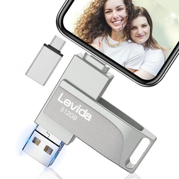 USB Stick 512 GB for Phone, Levida Memory Stick, Photo Stick, External Memory 4 in 1, Photo Stick 3.0, Flash Drive for Mobile Phone, iOS, Android, Pad, Laptop, PC (Mobile Memory, Automatic Photo