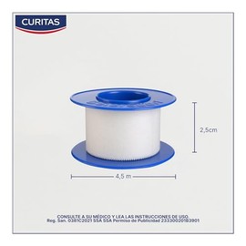 Curitas Cinta Microporosa color Blanca de 2.5 cm x 4.5 cm, Transpirable, de fácil colocación, se desprende sin dolor, ideal para dar soporte y fijación, 1 pieza