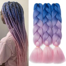 Dcbaboo Braids Extensions Synthetic Hair for Braiding 3 Pack 24 Inch Ombre Jumbo Braiding Hair Kanekalon Hair Extensions Braids Afro Crochet Box Braids Hair for Braids 300 g, Blue Purple Pink