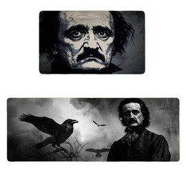 YWMAN Edgar Allan Poe & Raven Kitchen Rugs Set of 2 - Washable Non-Slip Faux Linen Floor Mats(17.7''x29.5''+17.7''x47'') - Gothic Decor & Dark Academia Gifts