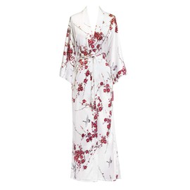 OLDSHANGHAI Women's Charmeuse Kimono Robe Long - Watercolor Floral - Cherry Blossom & Crane- White